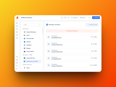 Warmy / Mailbox connection / Bulk upload / Workspace connection branding ui
