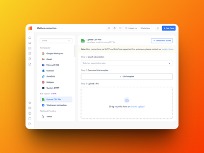 Warmy / Mailbox connection / Bulk Upload / Upload CSV File branding ui