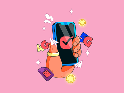 Mobile operator 2d character coin colorful colors design flat hand illustration illustrator mobile phone pink