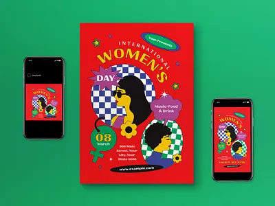 Red Flat Design International Women's Day Flyer Set flat design flat design style international womens day red social media womens day