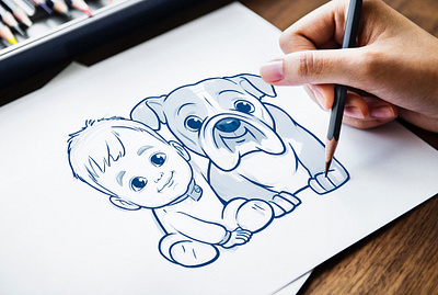 A cartoon boy and bulldog abrang boy with cute bulldog cartoon cartoon boy with cute bulldog cartoon character colorful cousin cute boy design design character fiverr full body funny boldog graphicart illustration little boy special gift