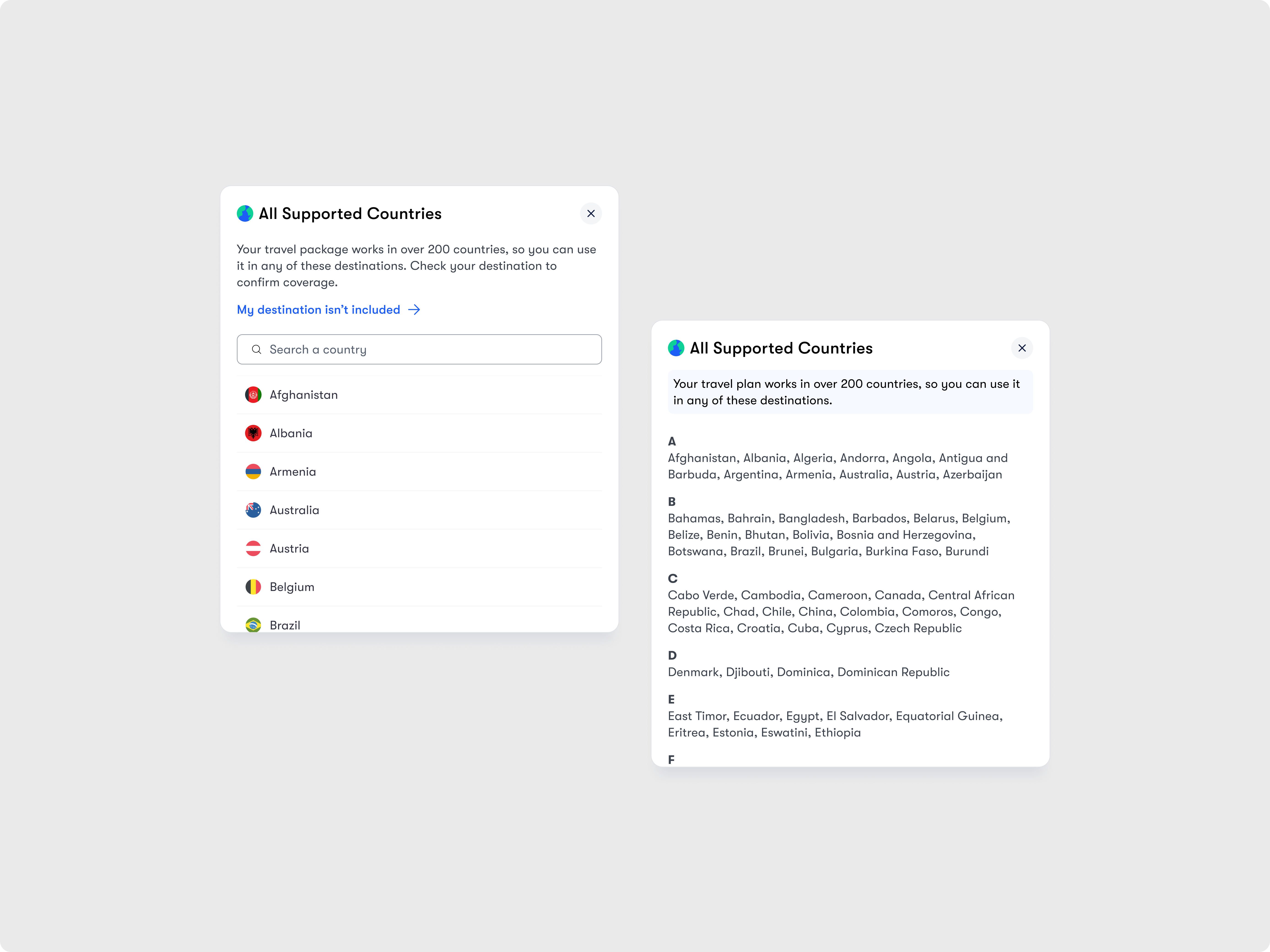 Travel Coverage Modal: Country Search & Alphabetical List country list dailyui information design modal ui popup modal search uidesign uiux
