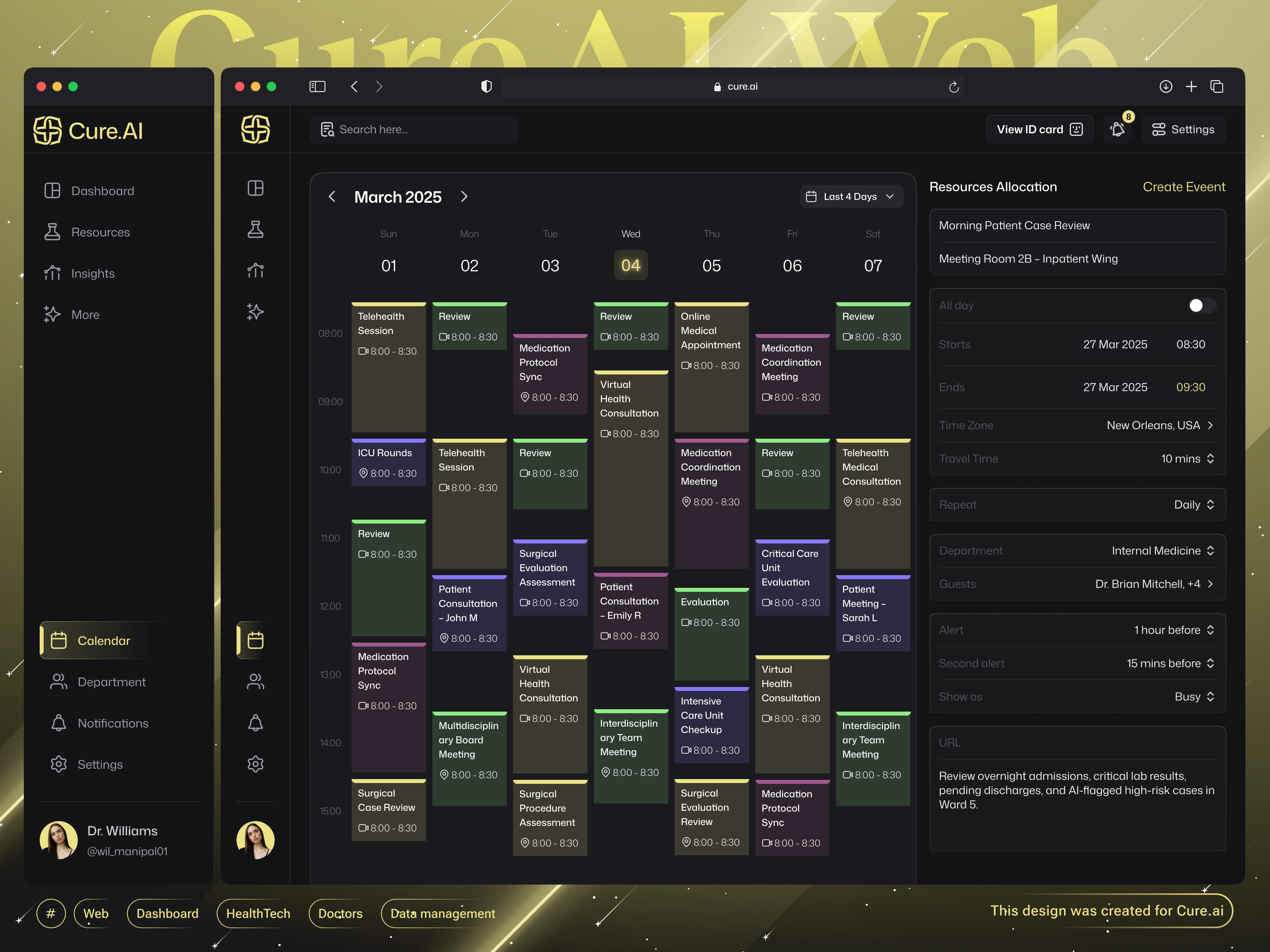 Futuristic AI-Powered Web Healthcare Dashboard ft. Calendar ai healthcare ai powered ai powered insights analytics artificial intelligence calendar clean ui crypto dark theme dashboard fintech futuristic futuristic theme healthcare healthtech insights medical medical app popular ui