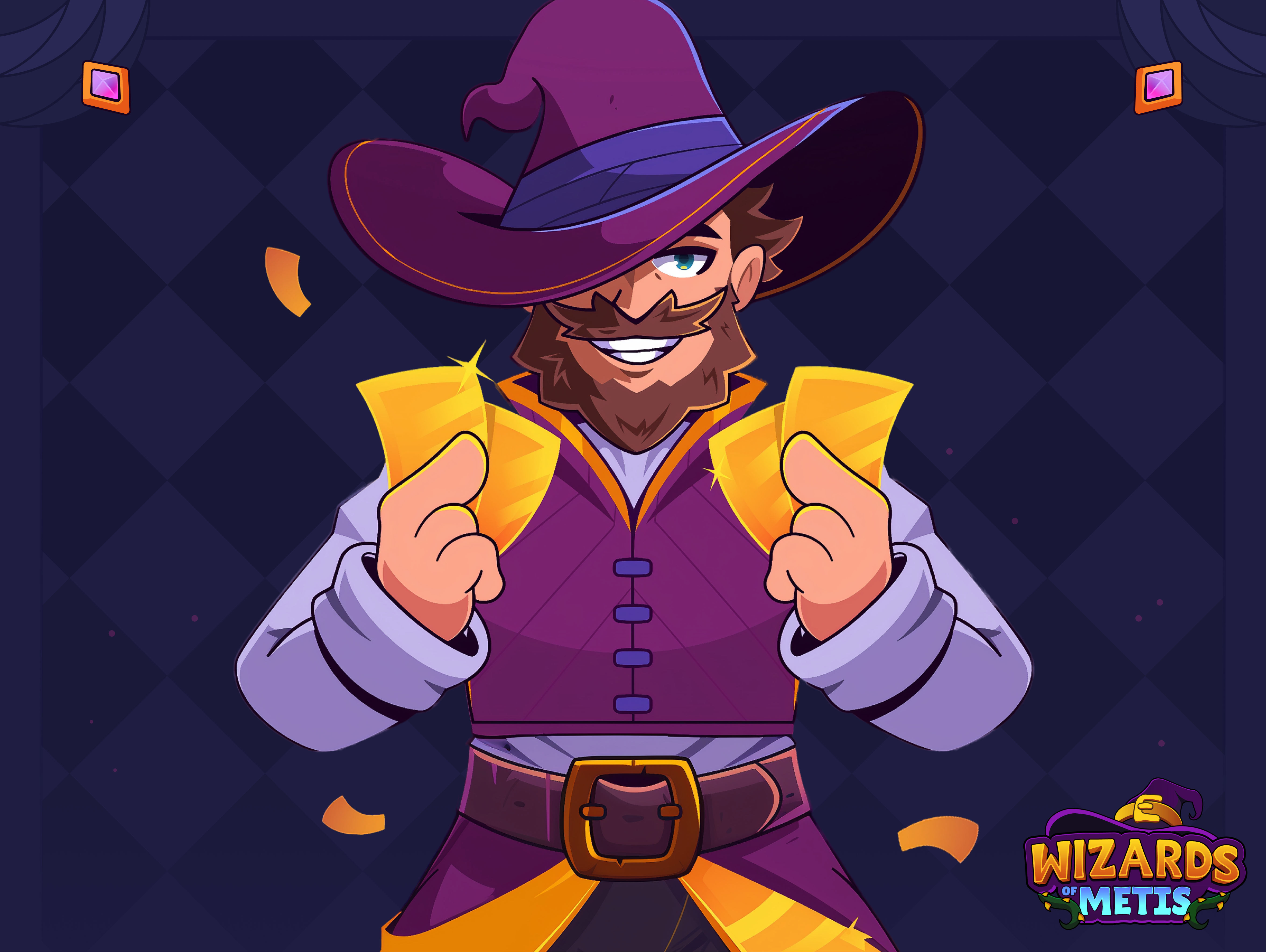 Wizards of Metis: Character design (Promo art 2) 2d 2d game art card cartoon character design gold illustration magic nft wizard