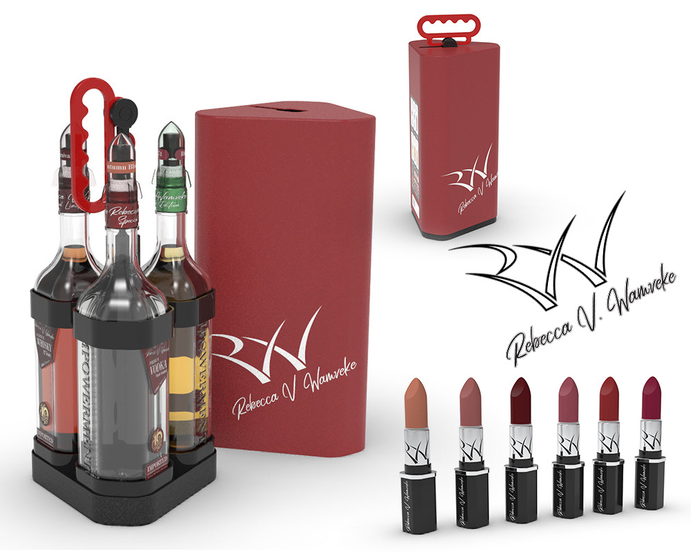 Rebecca V. Wamveke Liquor Collection 3d 3d modeling alcohol branding brandy cosmetics event gift items gin graphic design lipstick liquor package design packaging product design promotion rum tequila vodka whisky