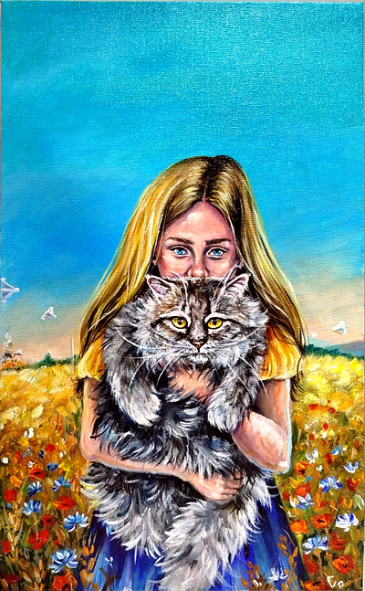 Original Acrylic Painting, Ukrainian Girl and Cat Amidst Drones, art cat girl hand painted handmade nature paint painting pet war woman