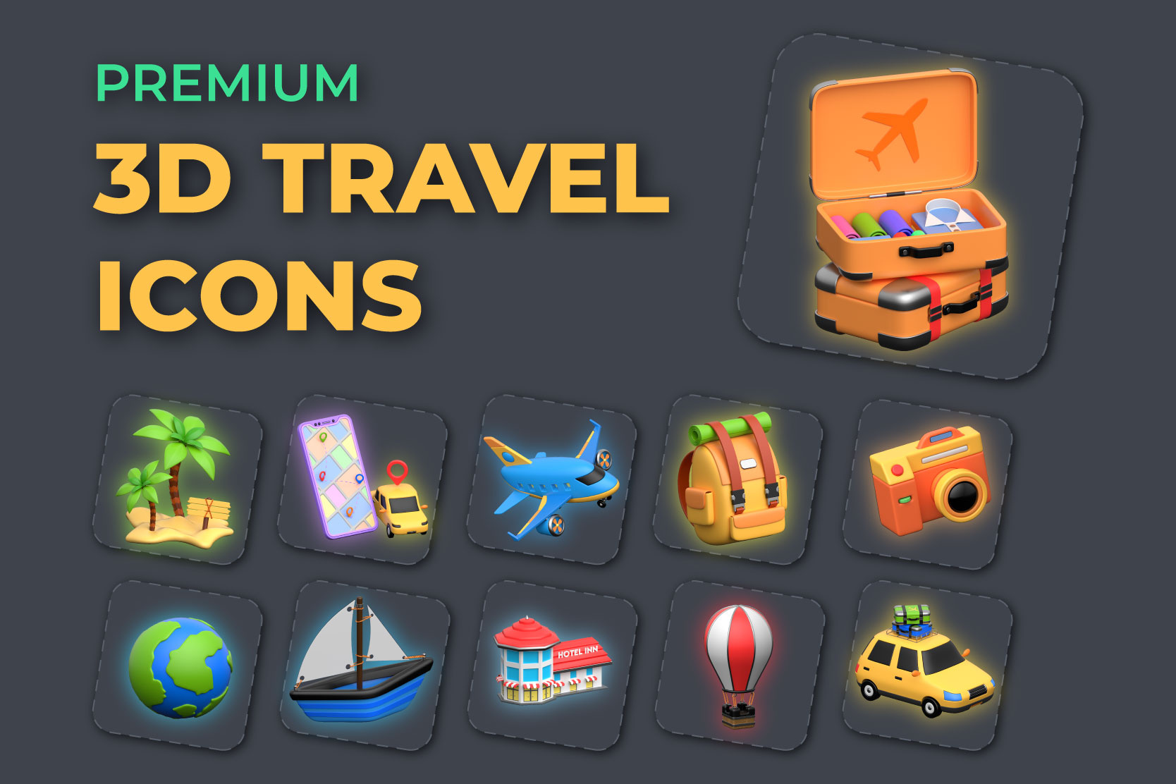 3D Travel Icons Pack. 3d holidays houdini icon icon design journey location summer taxi travel travel icons vacation