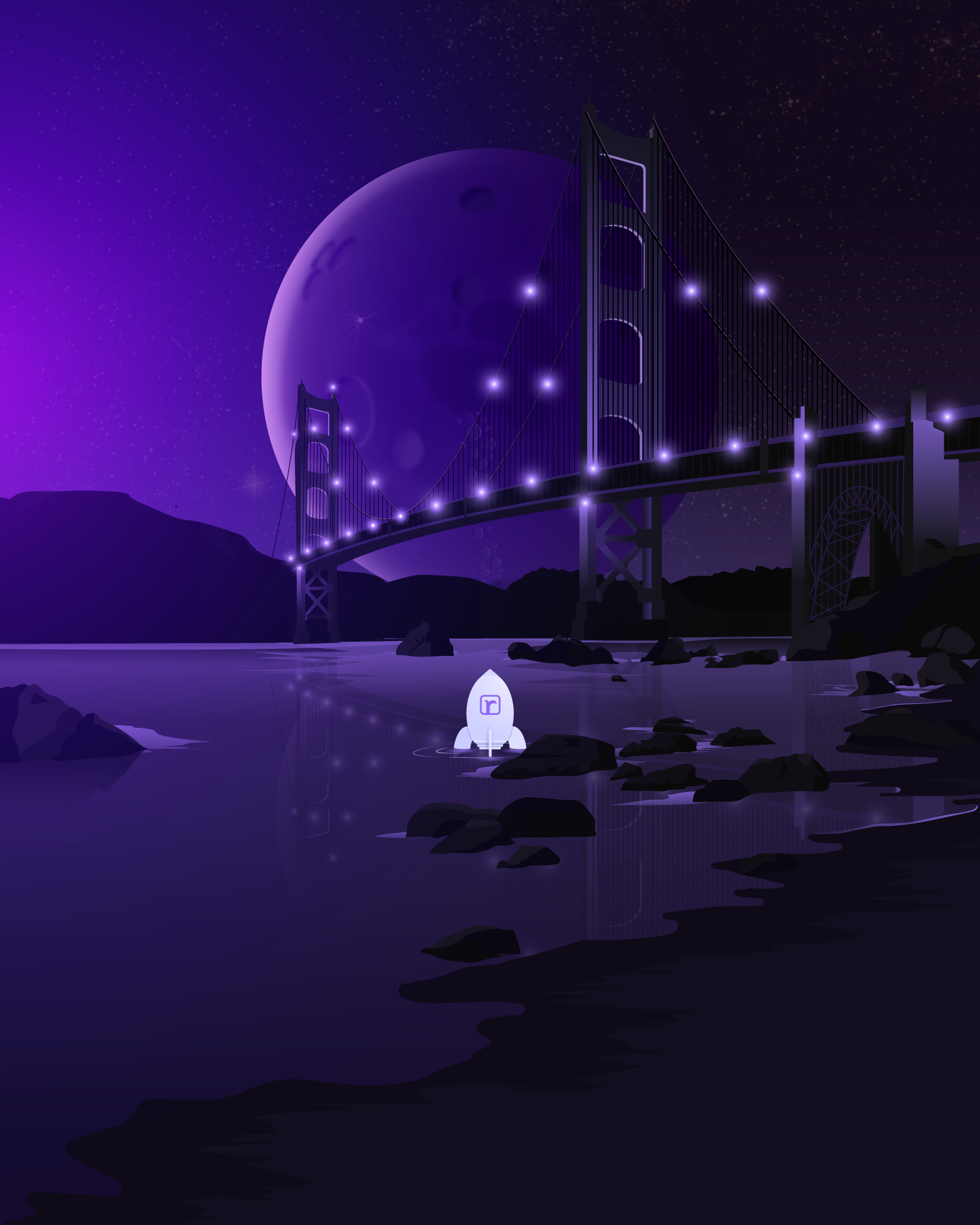 Rocket Landing at the Golden Gate Bridge bridge golden gate bridge illustration moon night illustration rocket scene