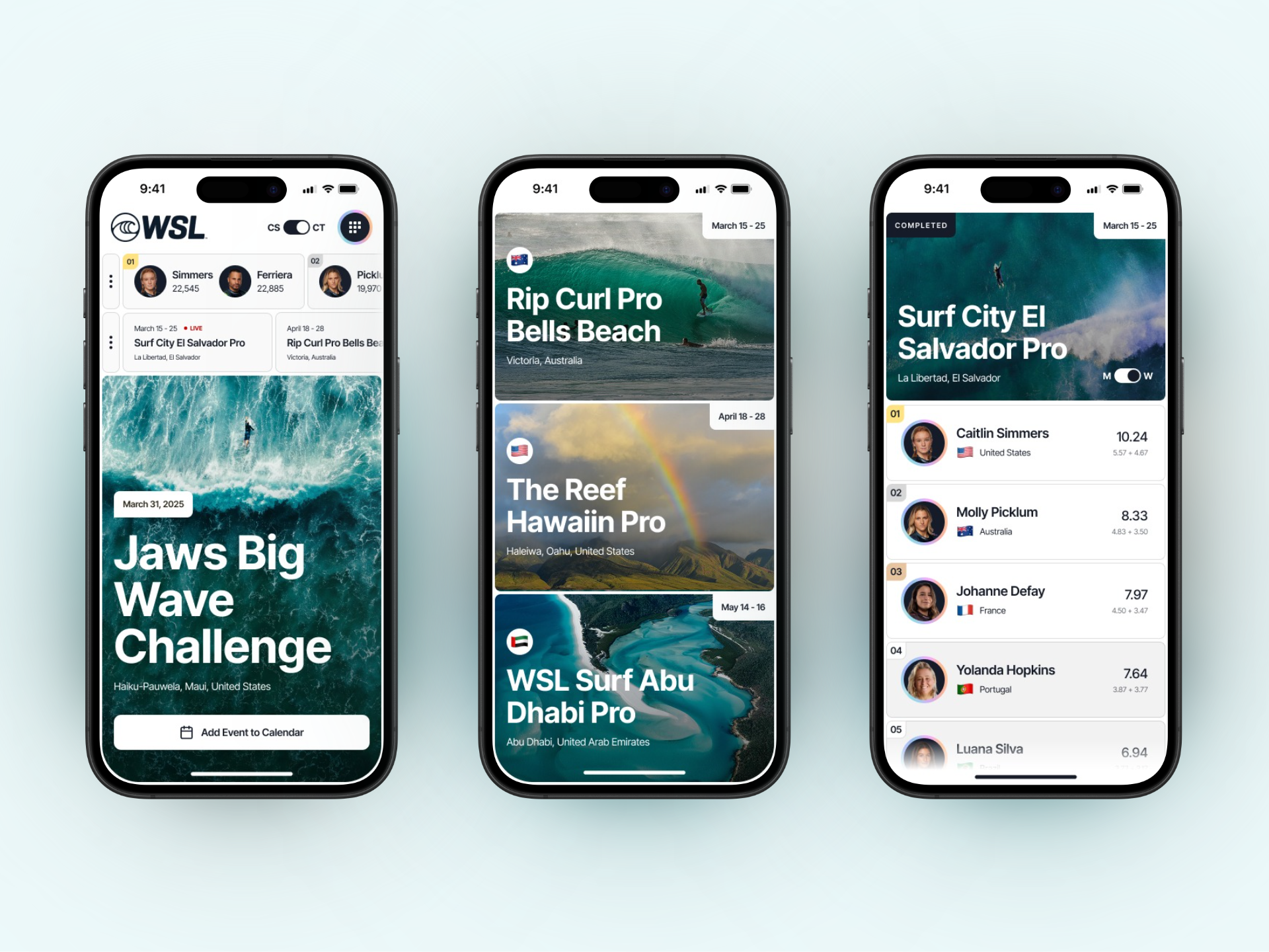 WSL Mobile Concept athlete competition events interaction mobile navigation rankings sports surf ui ux web website world surf league wsl