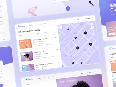 Book beauty salons with Glamezy app beauty booking cards cart design filters home list map pink purple salon schedule screen search ui ux