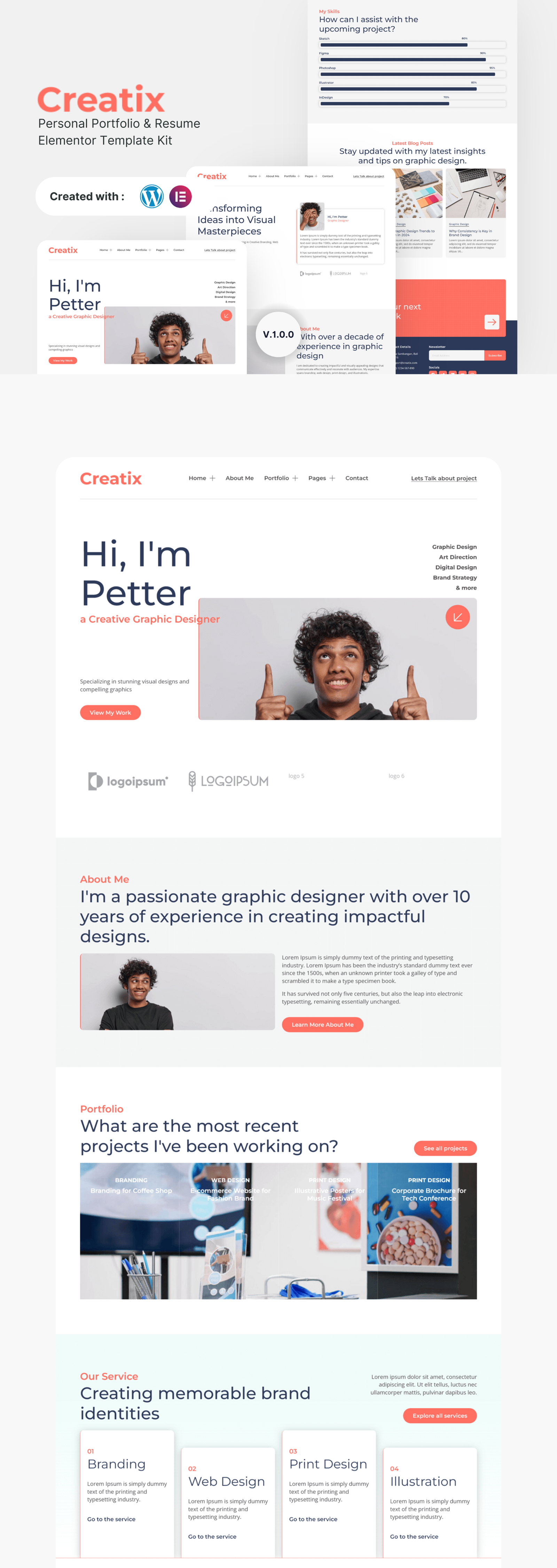Creatix - Personal Portfolio & Resume Elementor Template Kit animation cv design elementor graphic design modern resume ui vcard webflow website wordpress