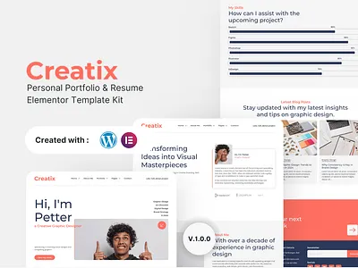 Creatix - Personal Portfolio & Resume Elementor Template Kit animation cv design elementor graphic design modern resume ui vcard webflow website wordpress