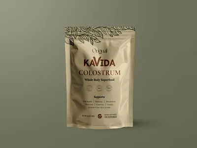 Elevating Wellness: Kavida Colostrum Standup Pouch Design colostrum colostrum supplement label design packaging design pouch design pouch packaging powder packaging standup pouch supplement