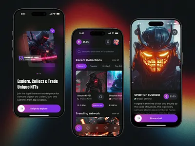 Bushido - The NFT Market place. app design blockchain concept design creative app crypto art dark mode ui digital collectibles futuristic design minimal ui mobile ui modern ui nft design nft marketplace samurai uiux ux design