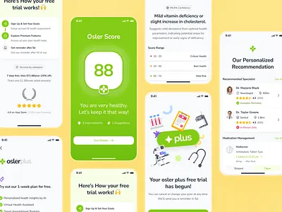 osler v3: AI Virtual Health App - Smart Score & Pricing UIUX ai health companion app ai telehealth app clean digital health ui epharmacy app fitness score green health assessment health metric health onboarding health score minimal modern pharmacy app pricing plan ui smart health app smart score ui soft virtual health app virtual healthcare app