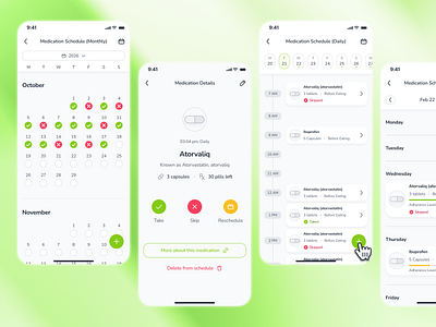 osler v2: AI Telemedicine App - Medication Calendar Schedule UI ai health companion app ai telehealth app calendar ui clean digital health ui epharmacy app green medication app medication calendar medication schedule medication tracker app minimal modern pharmacy app smart health app soft telehealth ui kit telemedicine ui kit virtual health app virtual healthcare app
