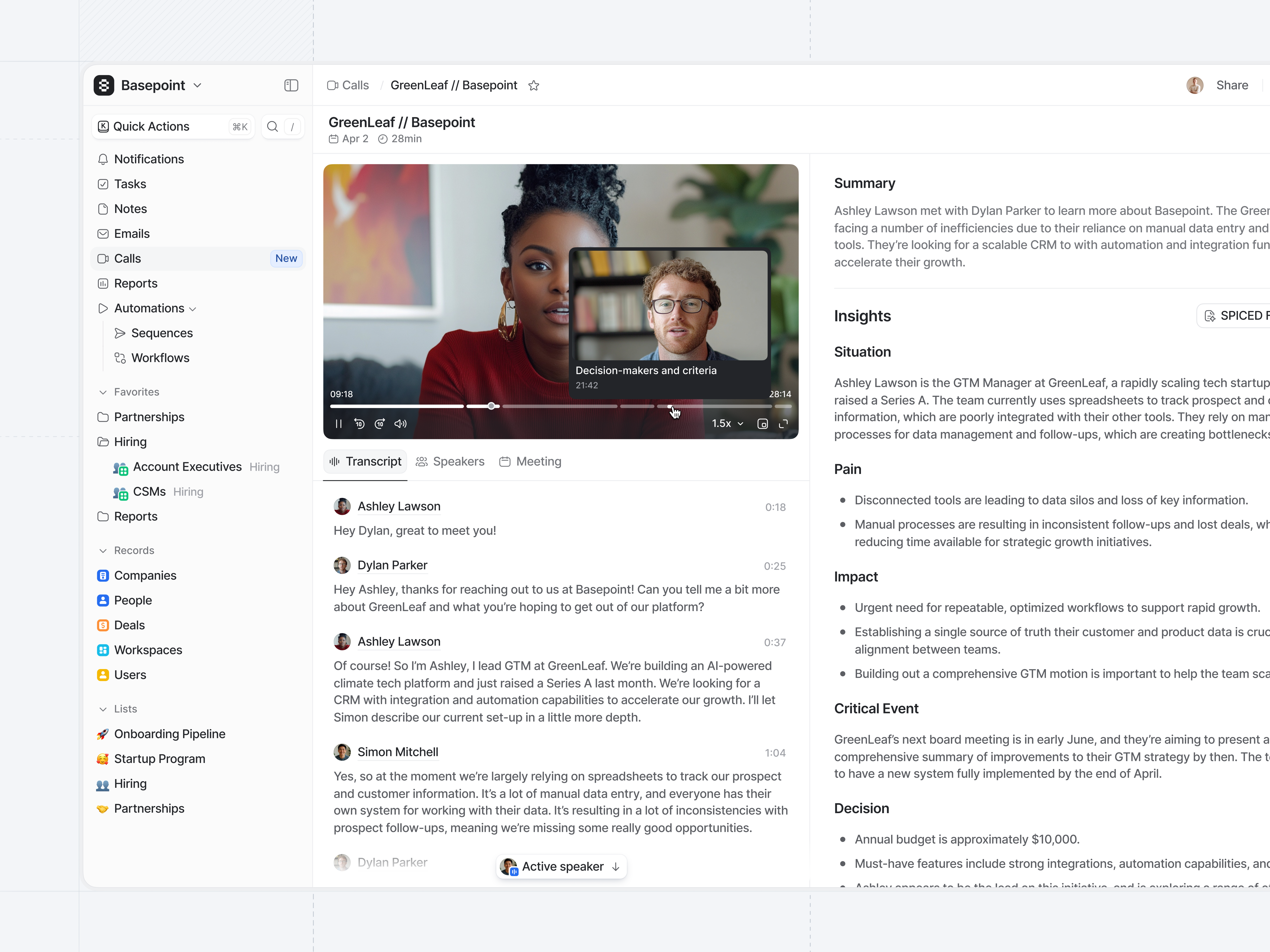 Attio – Call Intelligence ai attio call intelligence call recorder cards crm customer relationship hover insight templates minimal progress sidebar speakers summary time line user centered ux video player visualization