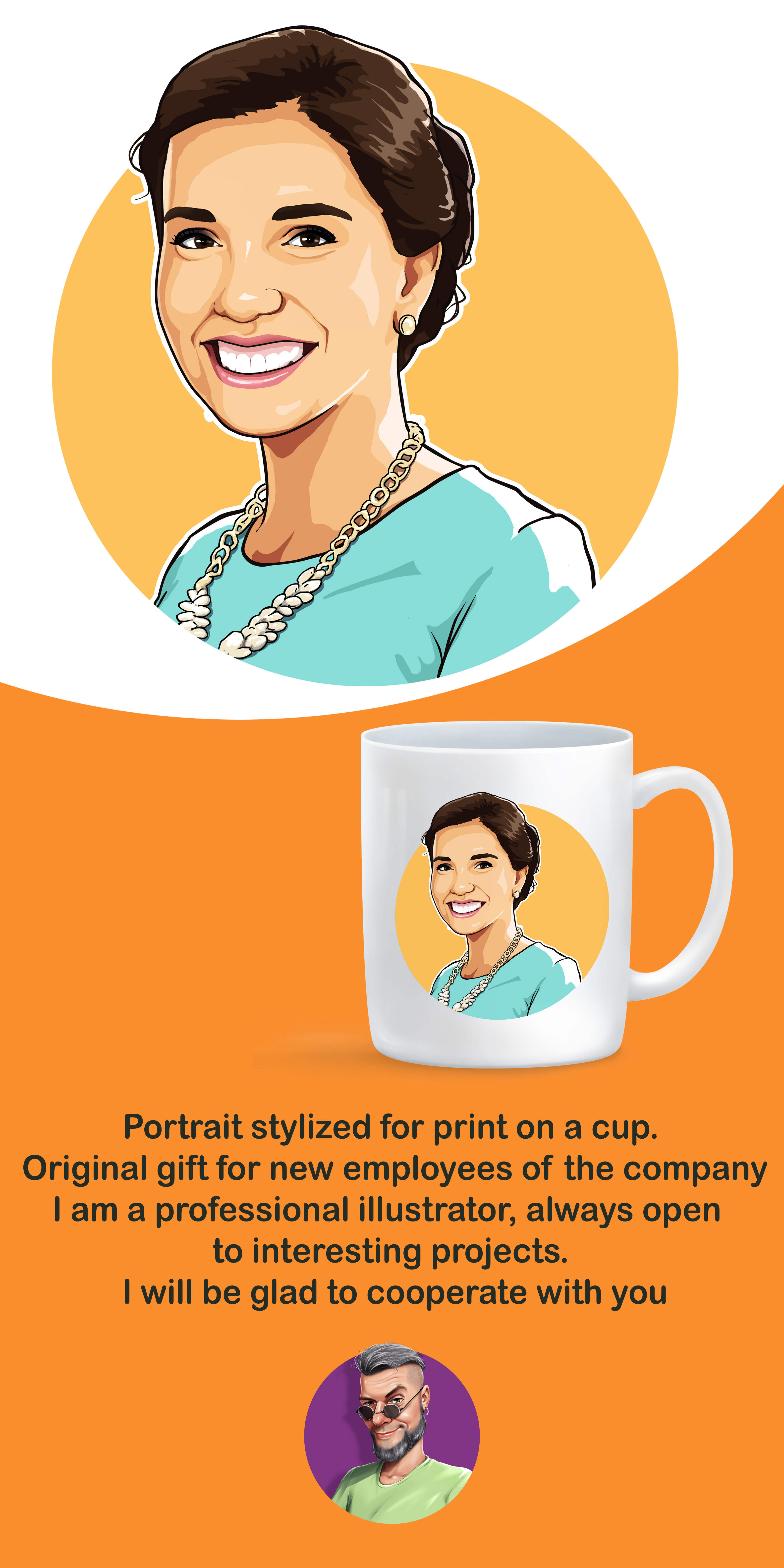 Stylized portrait for a print on a cup caricature cartoon character concept drawing graphic design gta portrait print