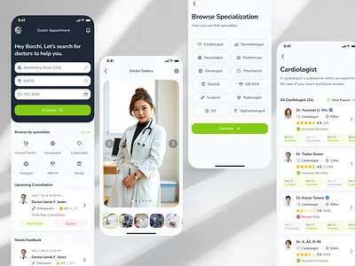 osler v2: AI Telehealth App - Explore Doctors Listing UIUX ai health companion app ai telehealth app appointment scheduling clean digital health ui doctor appointment app doctor appointment ui doctor consultation app epharmacy app green medication tracker app minimal modern pharmacy app smart health app soft telehealth ui kit telemedicine ui kit virtual health app virtual healthcare app