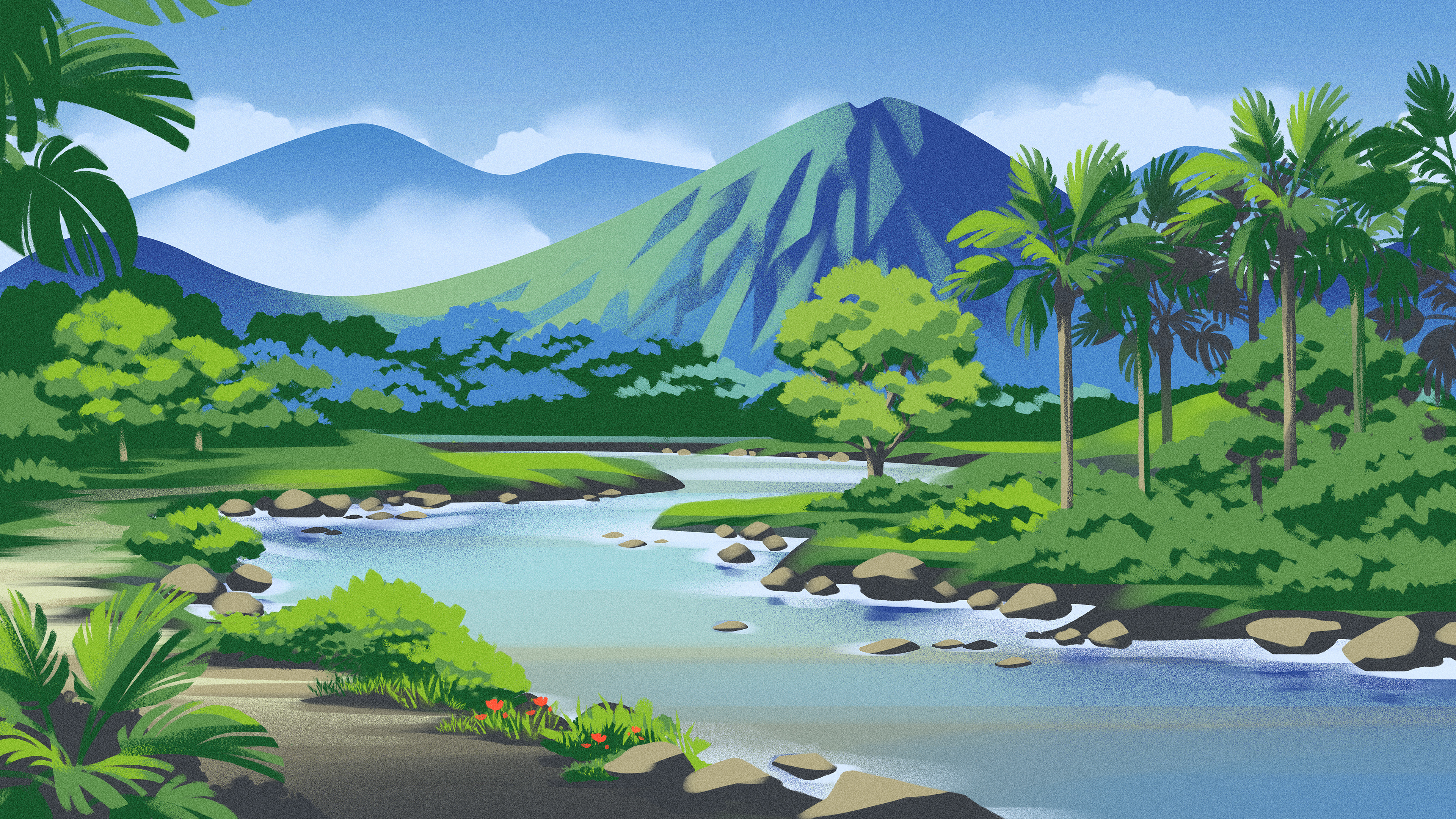 Indonesian landscape colorful ecosystem flowers green illustration indonesia midstream mountains nature palm tree river stream summer texture trees tropical