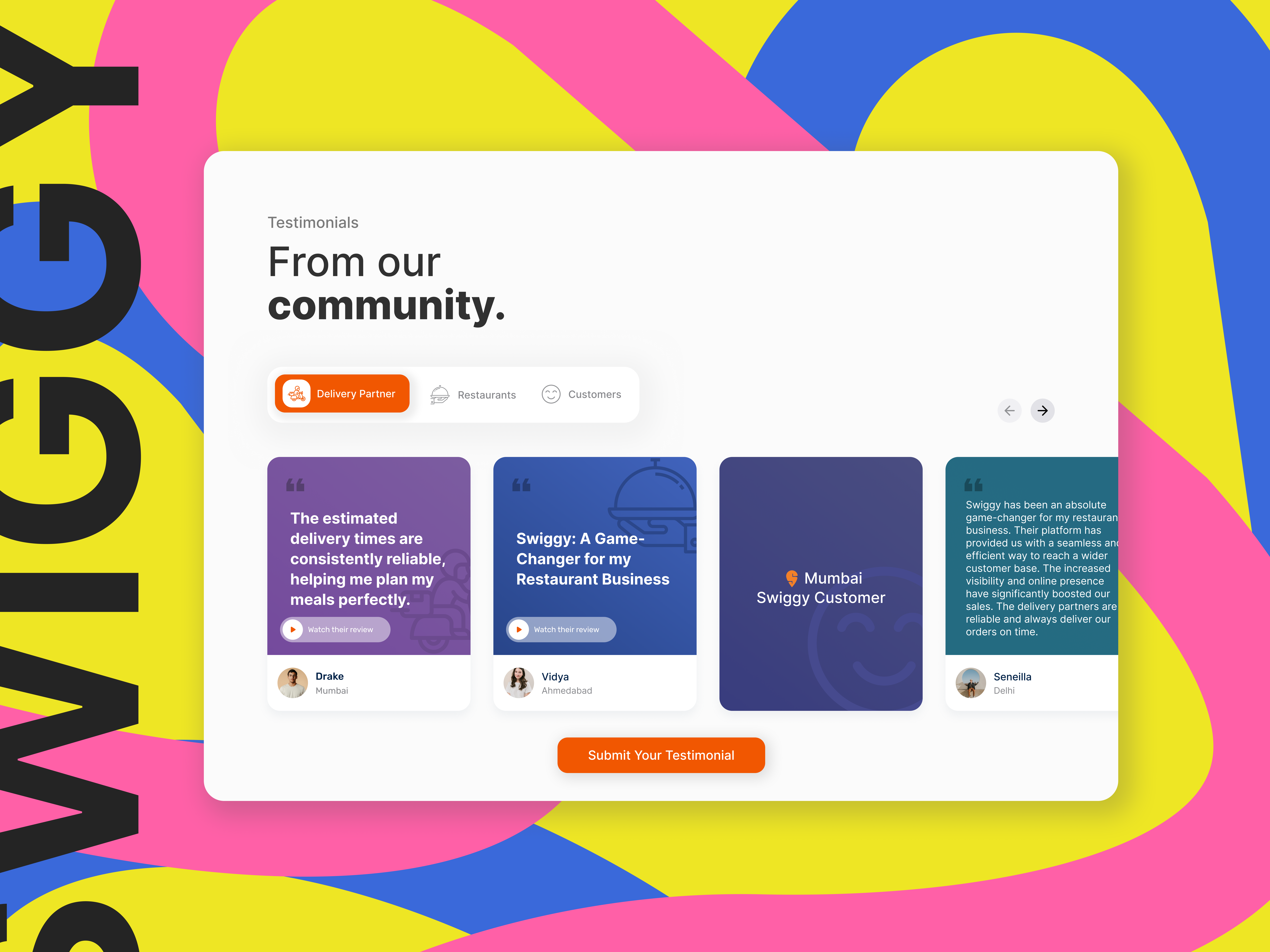 Testimonial design - Website UI branding figma landing page mobile product design swiggy testimonial testimonials ui ui design ux design video testimonials website ui