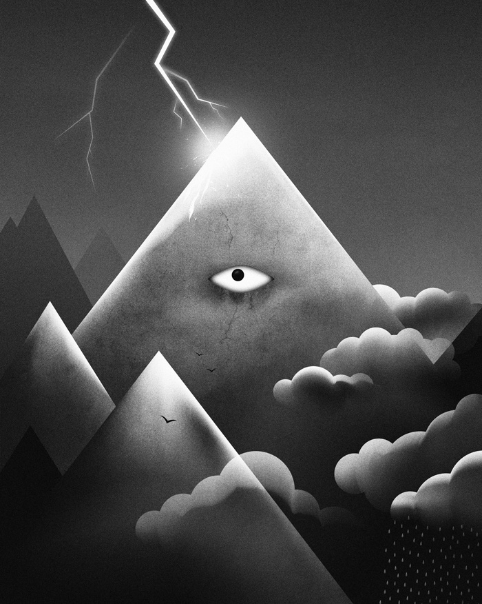 Ouch all seeing eye art artist artwork atmospheric black and white clouds design drawing eye graphics illustration illustrator lightning martynas pavilonis metaphorical mountains nature sky storm