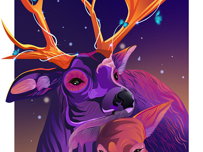 "Affection" under the stars. animals illustrations beautiful illustrations best graphics character designs deer designs deer graphics deer illustration graphic design