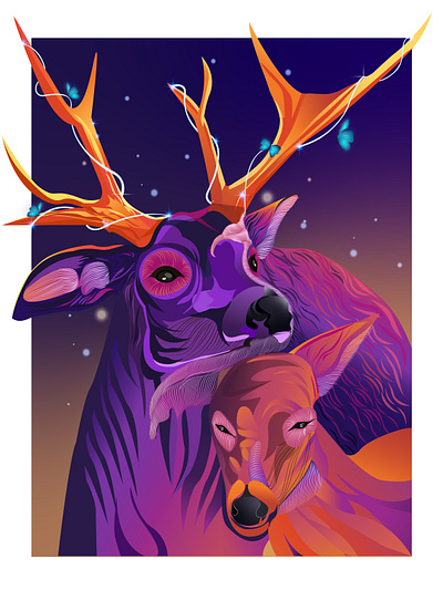 "Affection" under the stars. animals illustrations beautiful illustrations best graphics character designs deer designs deer graphics deer illustration graphic design