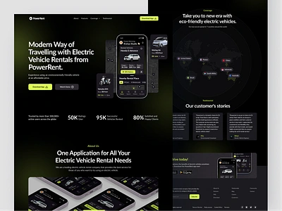 PowerRent - Electric Vehicle Rental Landing Page applandingpage branding dark darklandingpage darkmode design ecofriendly electricvehicle energy evrentals landingpage sustainabletravel transportation ui uidesign userinterface web website