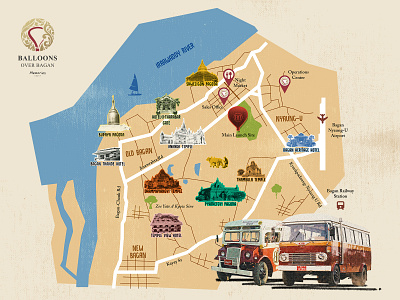 Balloons over Bagan Travel Guidemap bagan balloonoverbagan burma bus college guidemap illustration irrawaddy myanmar travel