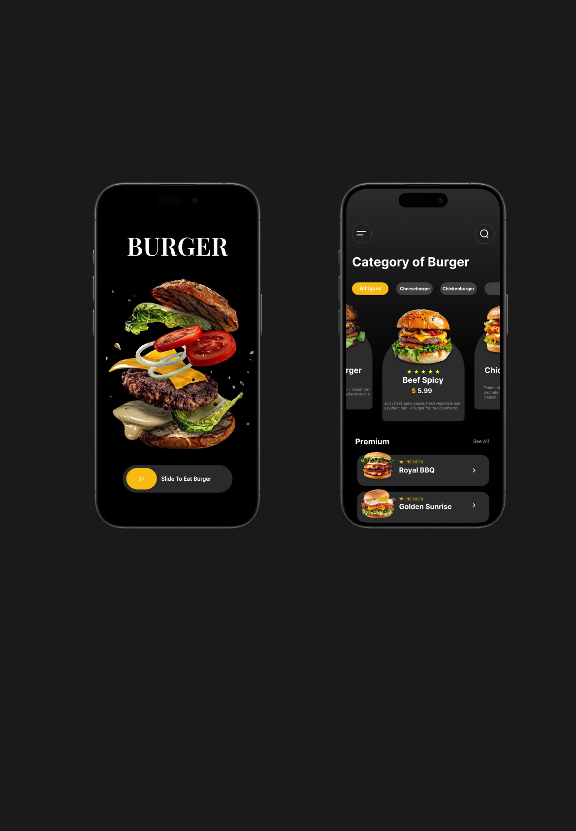 Dark Mode Burger app darkmode design iosdesign mobileui modernui ui ux
