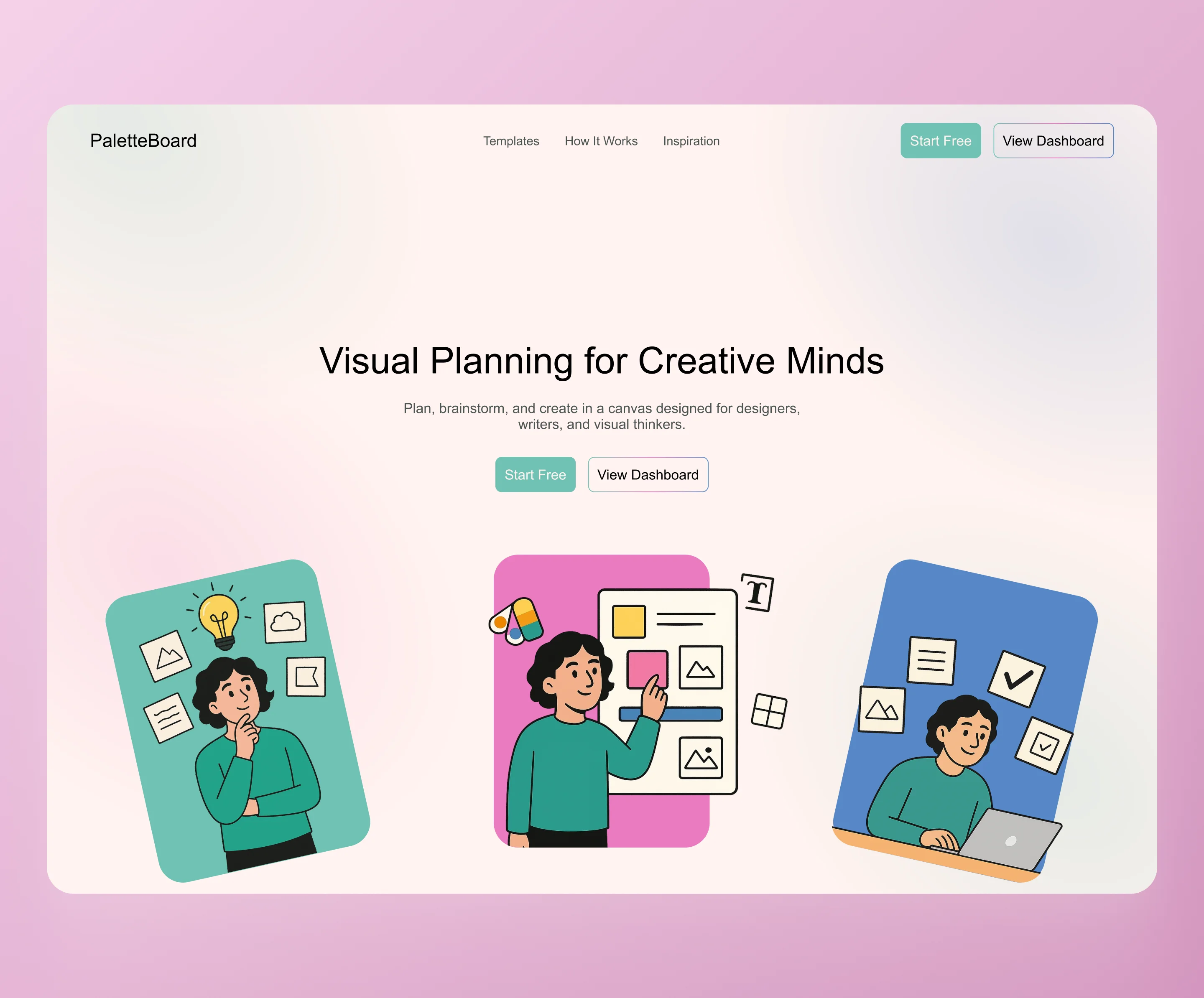 PaletteBoard – Hero Section UI for Creative Planning branding clean colorful design graphic design hero illustration pink playful ui ux vector