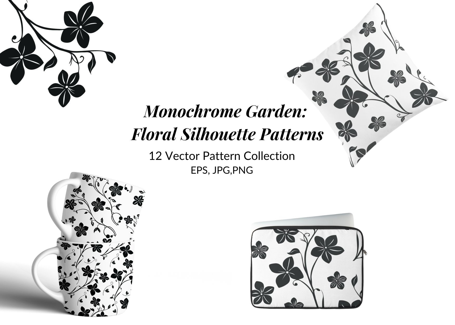 Monochrome Garden: Floral Silhouette Patterns textile