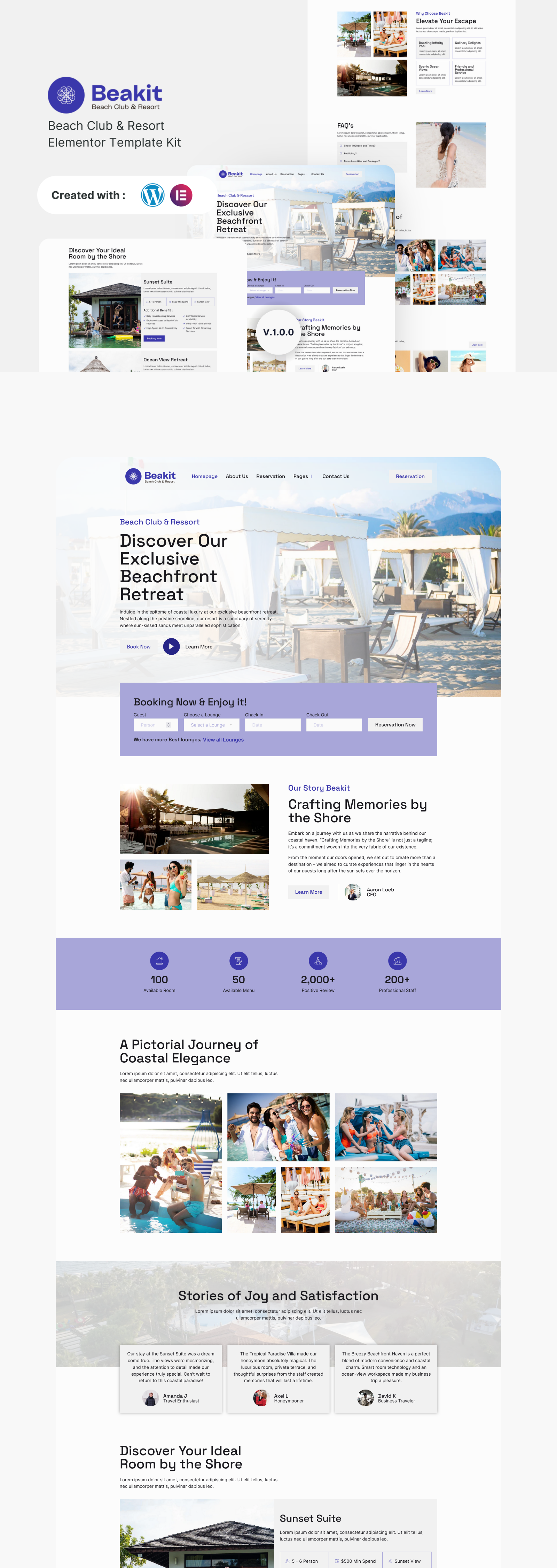 Beakit - Beach Club & Resort Elementor Template kit beach beach club design elementor hotel minimalist modern resort template ui webflow website