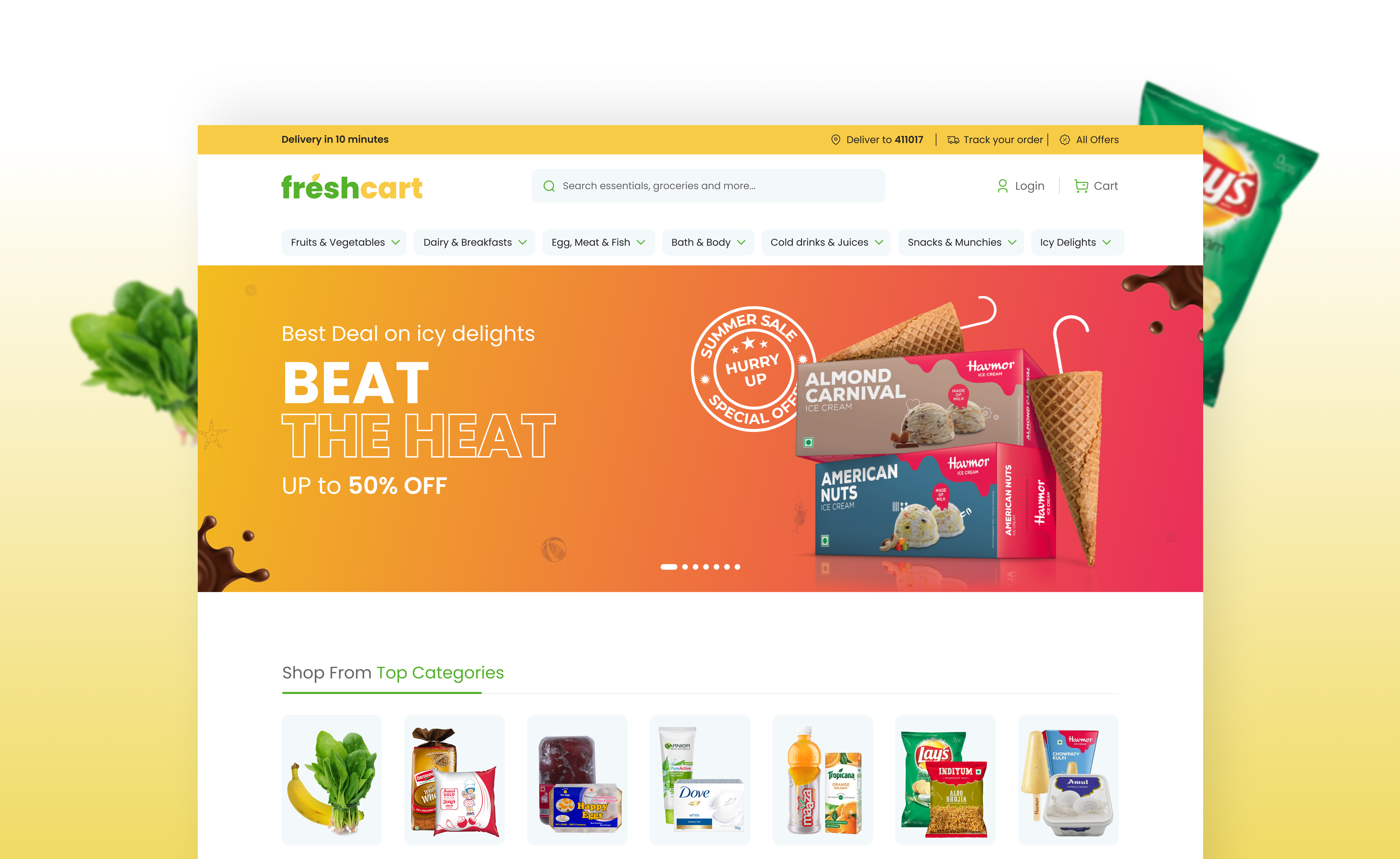 Freshcart - Online Grocery Landing Page Design | UIUX branding ecommerce ecommerce store food delivery fresh cart grocery grocery delivery landing page grocery website halal food hero section landing page modern design online grocery shop online shop online shoping landing responsive website super market ui ux vegetable