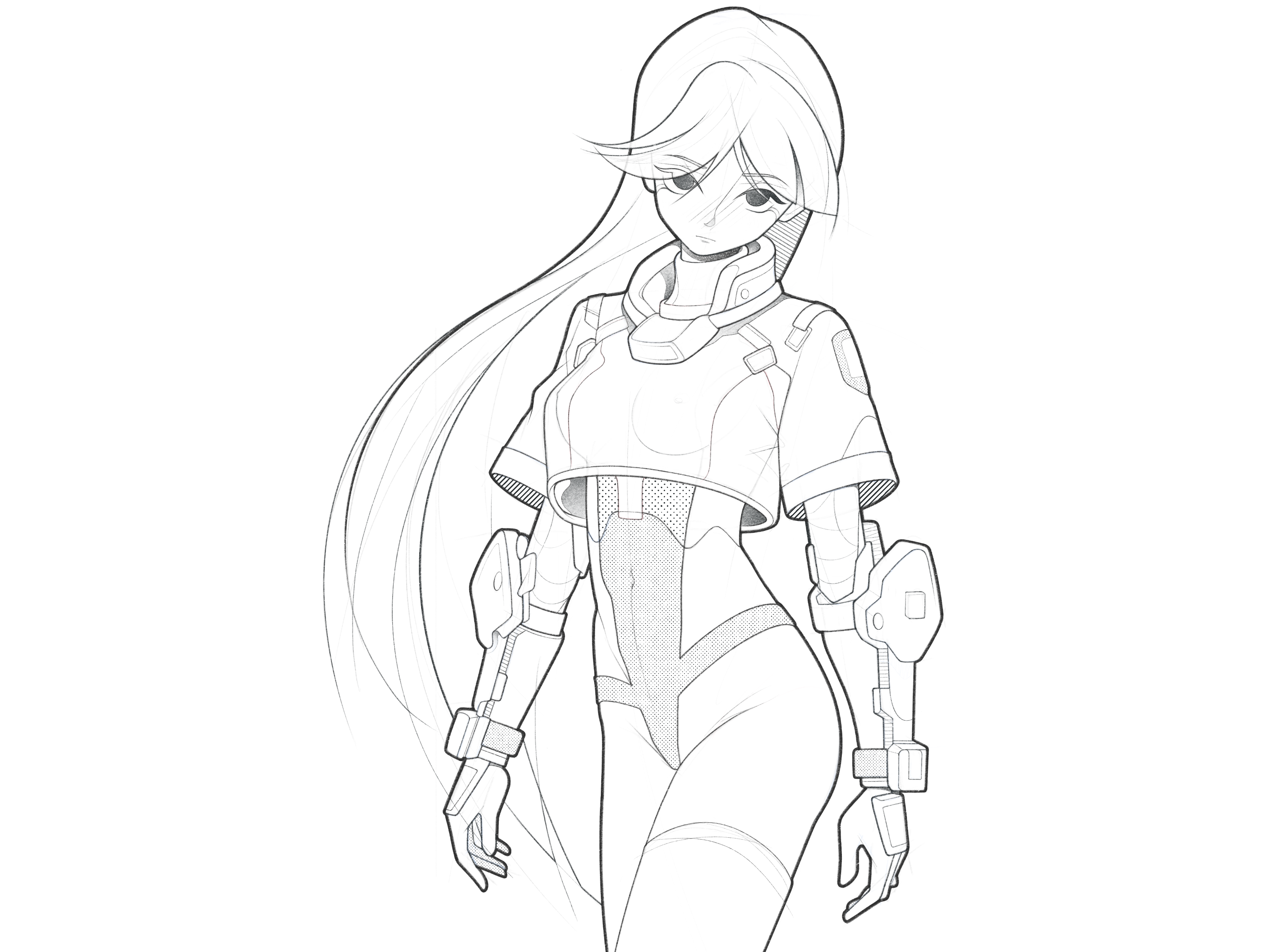 girl black and white body character character design comic cyber cyberpunk details girl halftone illustration line minimal monochrome pencil procreate simple warrior