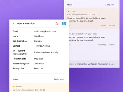 Side-drawer with user information admin tool backoffice internal tool notes pin notes saas side drawer ui user information ux