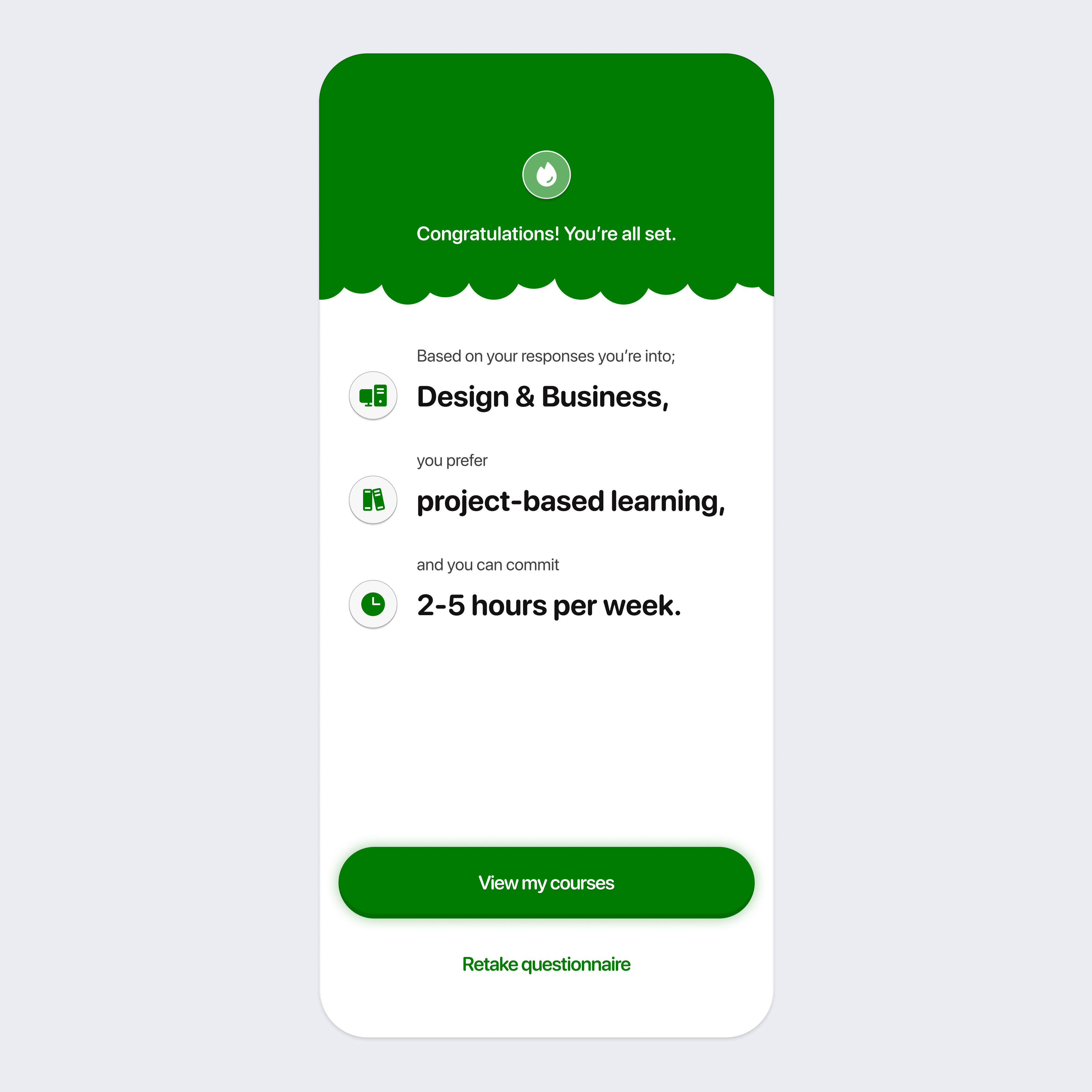 Success screen for course recommendation app app design course recommendation product design ui user interface