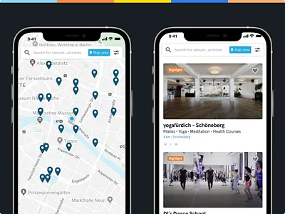 Venue exploration on map and list app map map pin sports ui ux venues