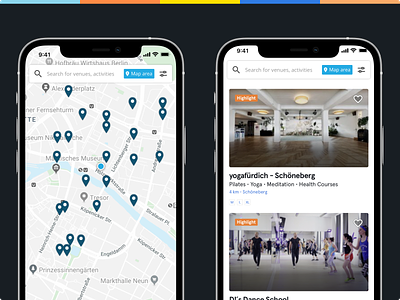 Venue exploration on map and list app map map pin sports ui ux venues