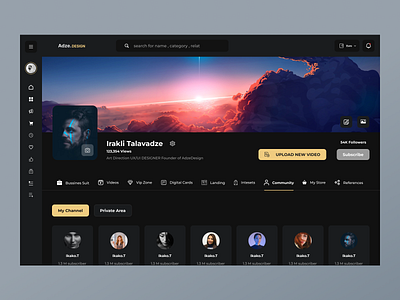 Social - Web app - Art channel community dark ui media media player minimal musics player product design profile social app social platform subscription ui upload upload video ux video video content youtube