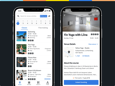 Sports activity schedule and details activities app gym instant booking sports ui ux venues workout yoga