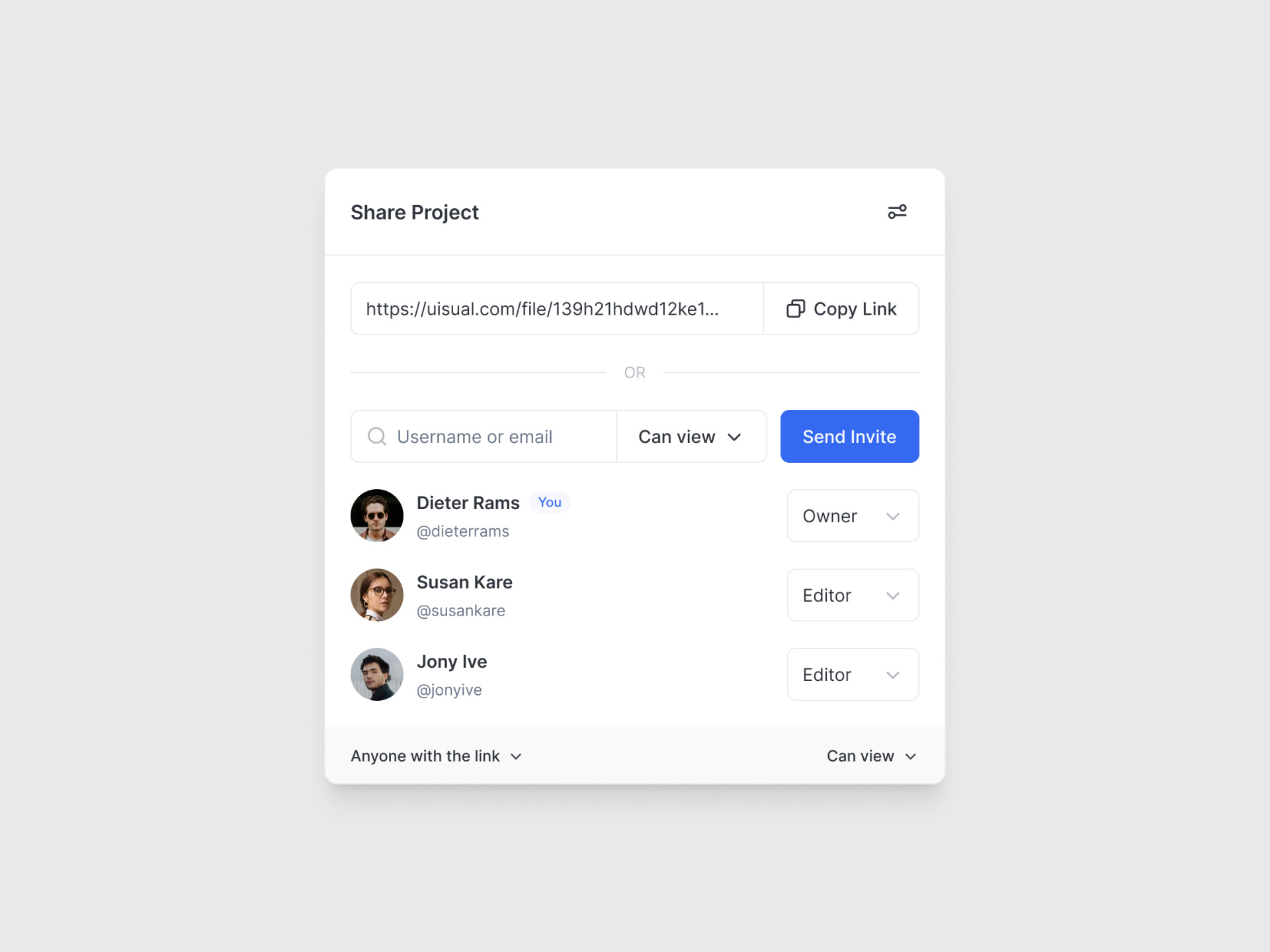 Modal: Share Project app dropdown form input modal saas share ui ux web design