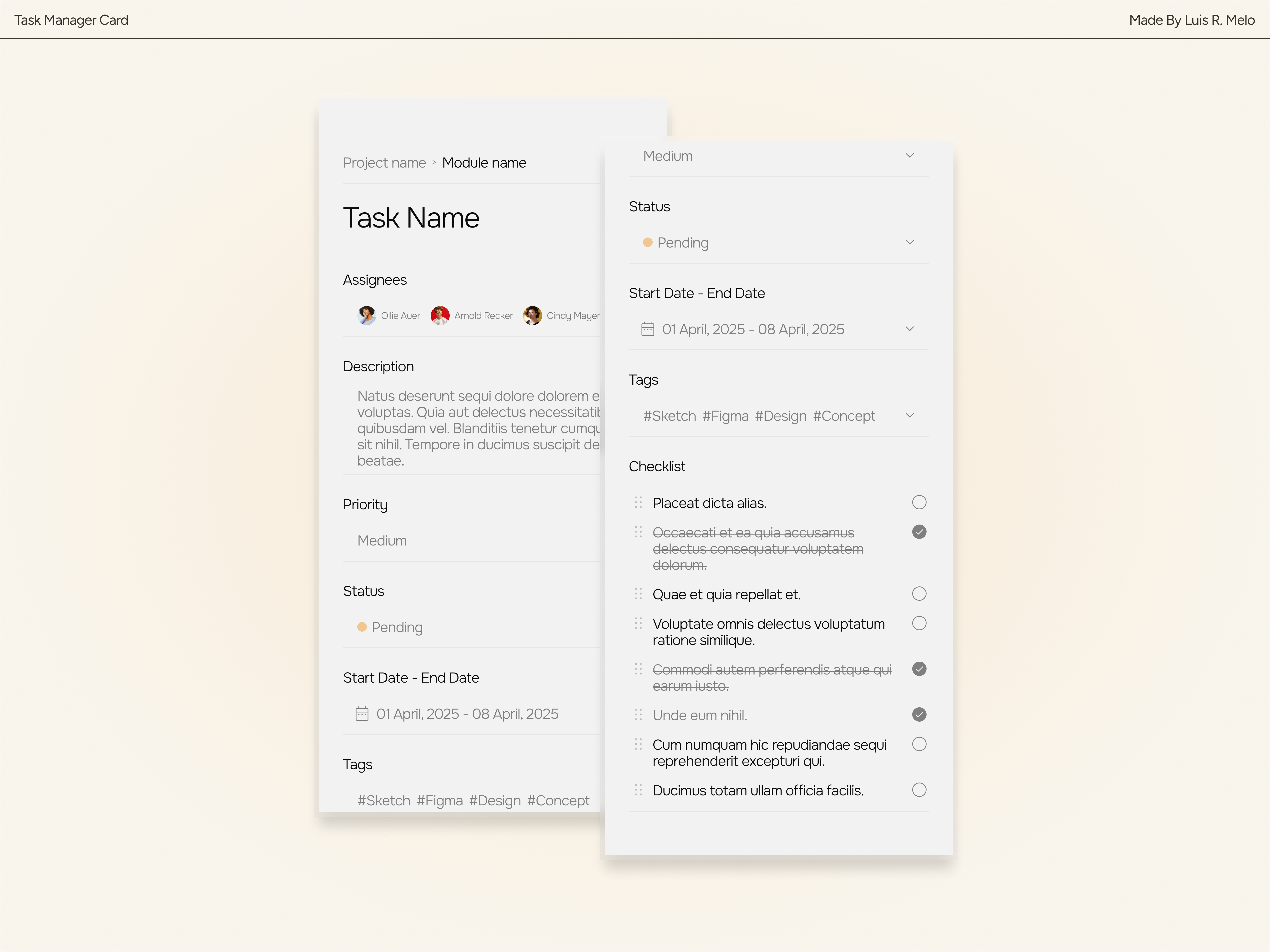 Task Card - Components Exploration card checklist clean components concept design fields form idea light minimal sketch task manager tasks ui