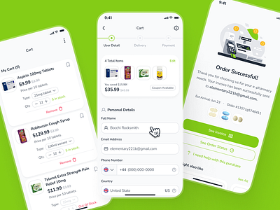 osler v2: AI Telemedicine App - Pharmacy Checkout Cart Flow ai health companion app ai telehealth app checkout flow checkout screen checkout ui clean digital health ui epharmacy app green minimal mobile checkout modern pharmacy app pharmacy checkout smart health app soft telehealth ui kit telemedicine ui kit virtual health app virtual healthcare app
