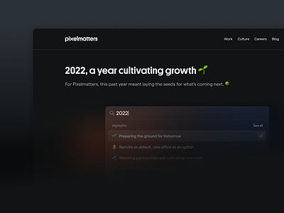 Pixelmatters' 2022 Year in Review annual report branding design development front end front end development landing page marketing product product design ui ui design uiux ux ux design webflow year in review