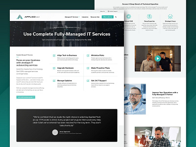 Applied Tech - Fully-Managed IT Services page black clean dividers green grid icons modern people professional services simple sleek sophisticated support tech technology testimonial texture ux white