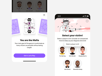 Stereo - Social App / Mafia Game card game cards characters game gamification group call illustration live stream mafia mobile app podcast product design select screen social app victim voice