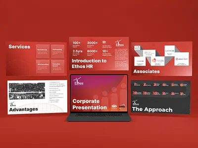 Corporate Pitch Deck for Ethos – Bold, Clear & Conversion-Ready anxzone branding business presentation corporate deck design executive presentation graphic design hr consulting illustration investor deck pitch deck pitch deck impact presentation desing recruitment business red theme design slides design visual storytelling