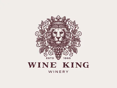 Wine king crown engraving grape lion logo logotype luxory wine winery zoo